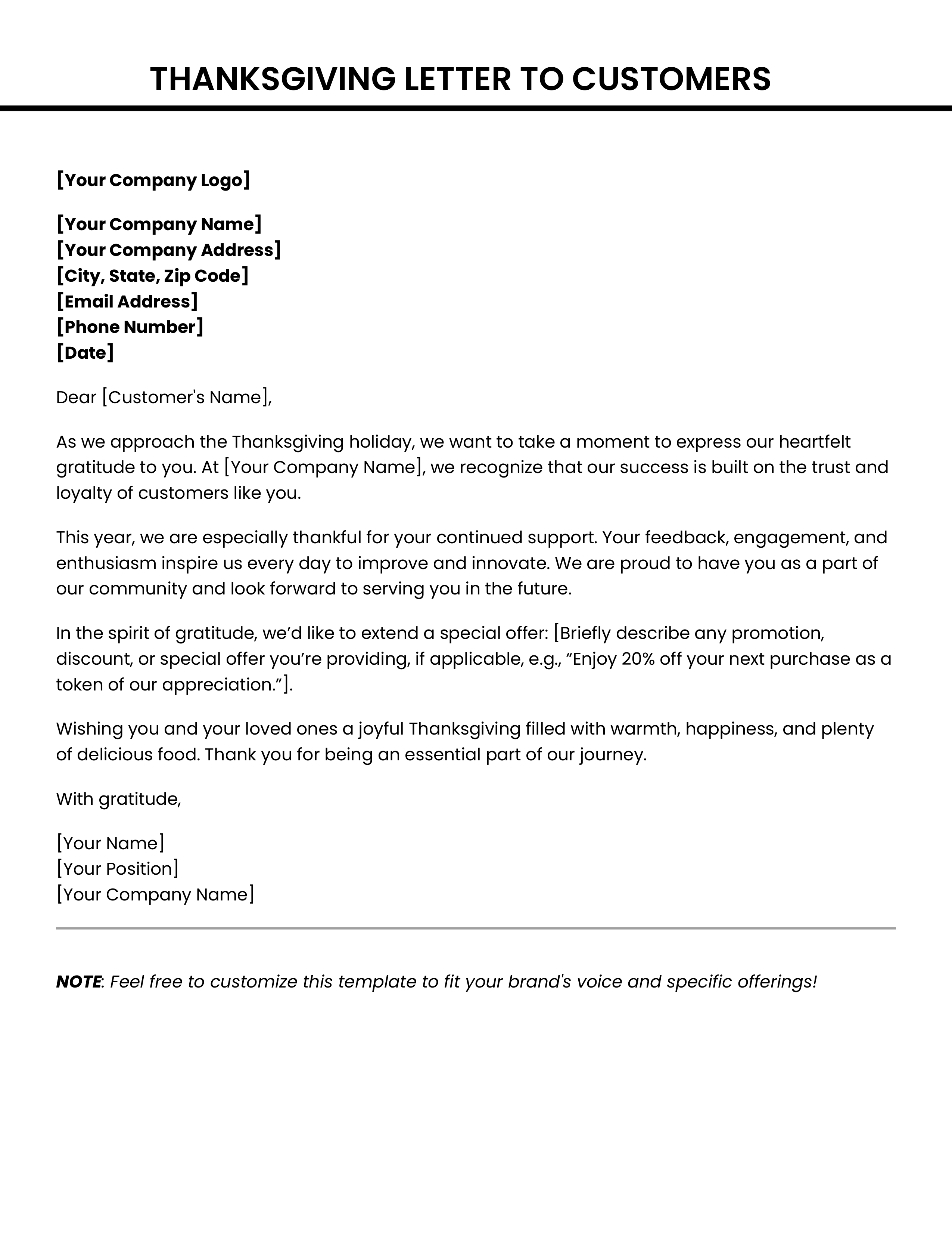 Thanksgiving Letter to Customers